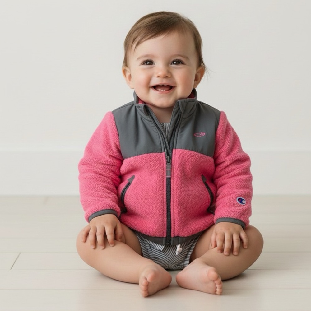 Champion pink with grey full zipper fleece jacket, side pockets, logo, size 3T
